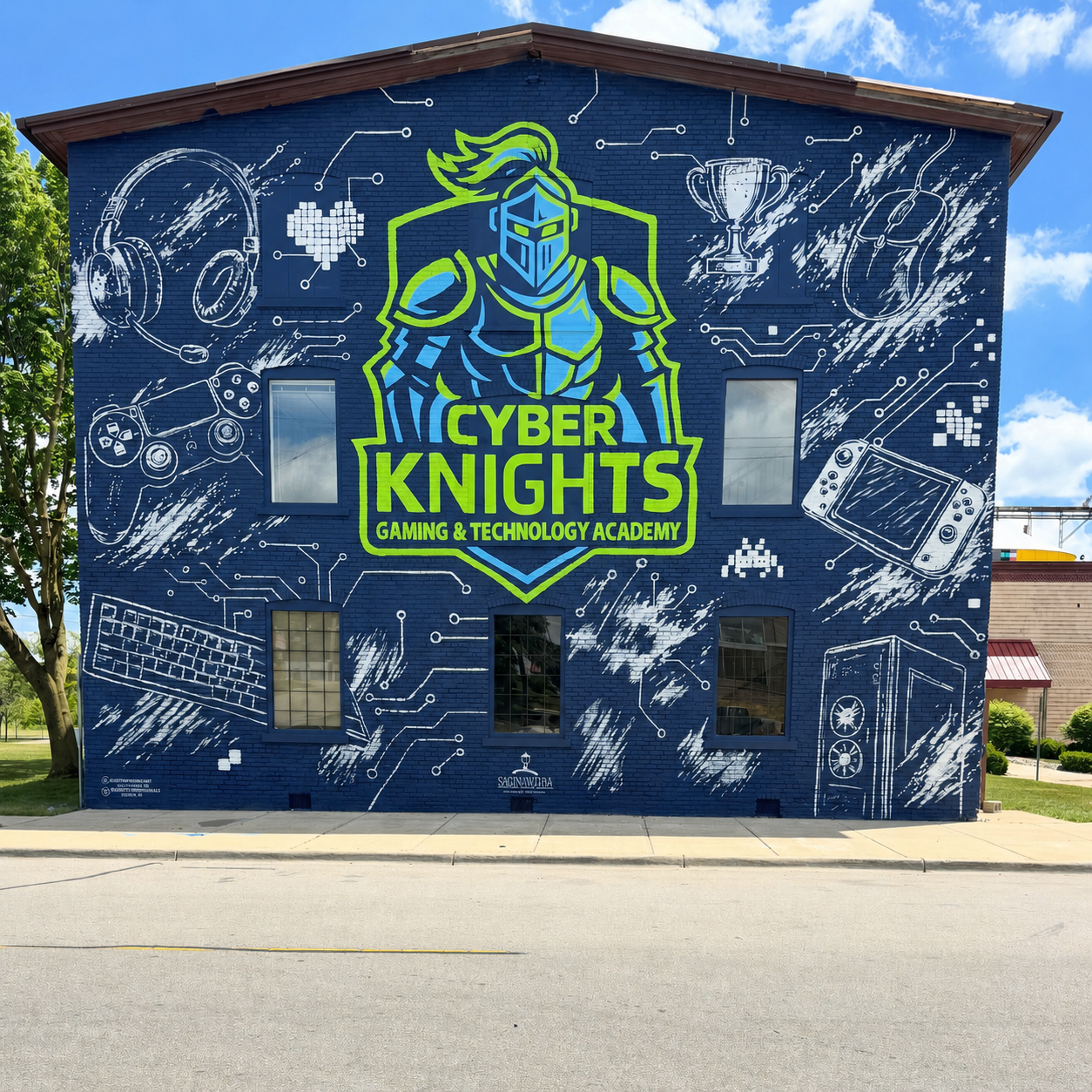 GATA Cyber Knights mural on the Gaming and Technology Academy of Saginaw building