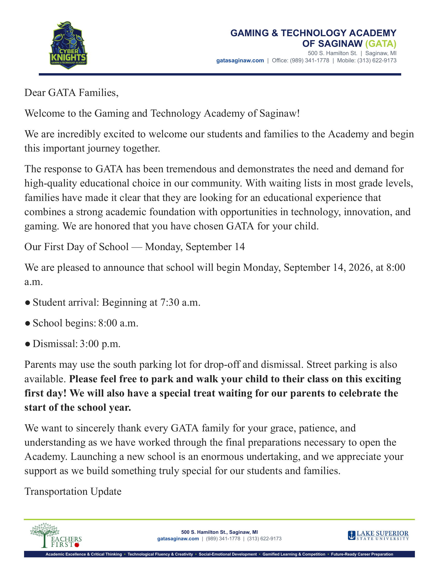 GATA Parent Letter First Day - Page 1
